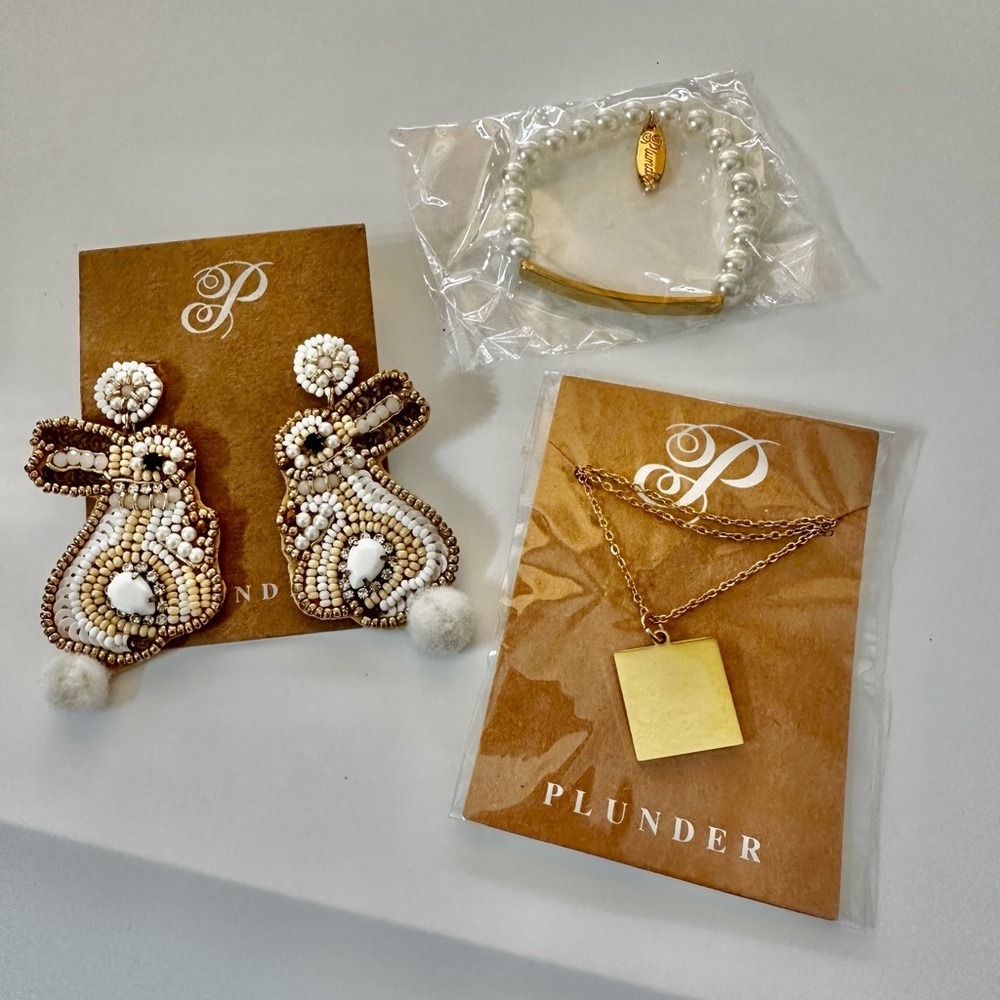 PLUNDER Bundle Of 3 Goldtone Earrings, Necklace and Bracelet Casual Jewelries